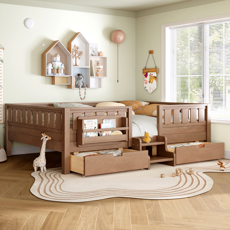 Queen Kids Floor Bed with Stairs, Rails and Slats,Queen Size Montessori Floor Bed with Bookshelf and 2 Storage Drawers,Easy Assemble Montessori Beds Frame,Natural
