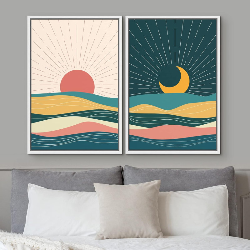 Desert Sun & Crescent Moon, H 36 po x l 48 po x P 1,5 po, Cadre flottant blanc