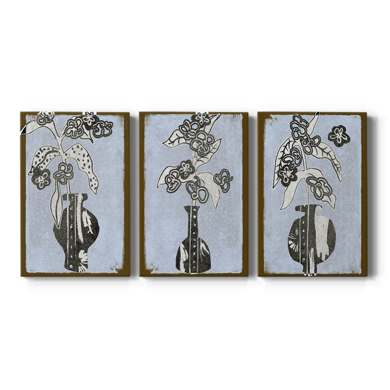 Fleurs graphiques dans un vase II - Toile tendue avec châssis sur mesure - 3 pièces, H 48 po x l 96 po