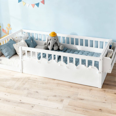 Montessori Floor Bed Frame with High Rails, Wood Kids Floor Beds with Light and Storage Shelf by Red Barrel Studio