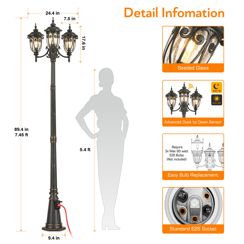 Dusk to Dawn Outdoor Lamp Post Light with Outlet, Oil Rubbed Bronze Light Lamp Posts for Outside with 3 Head