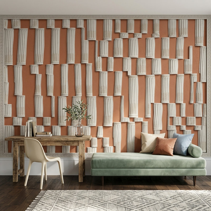 Décoration murale amovible en relief à motif de colonnes cannelées à bordure grecque, 160 po x 108 po, Peler et coller