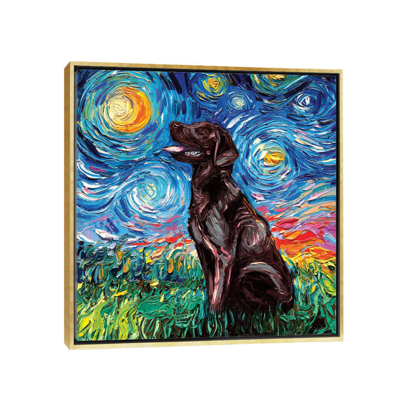 «Chocolate Labrador Night» par Aja Treves - reproduction d'art, H 37 po x l 37 po x P 1,5 po, Toile encadrée d'or