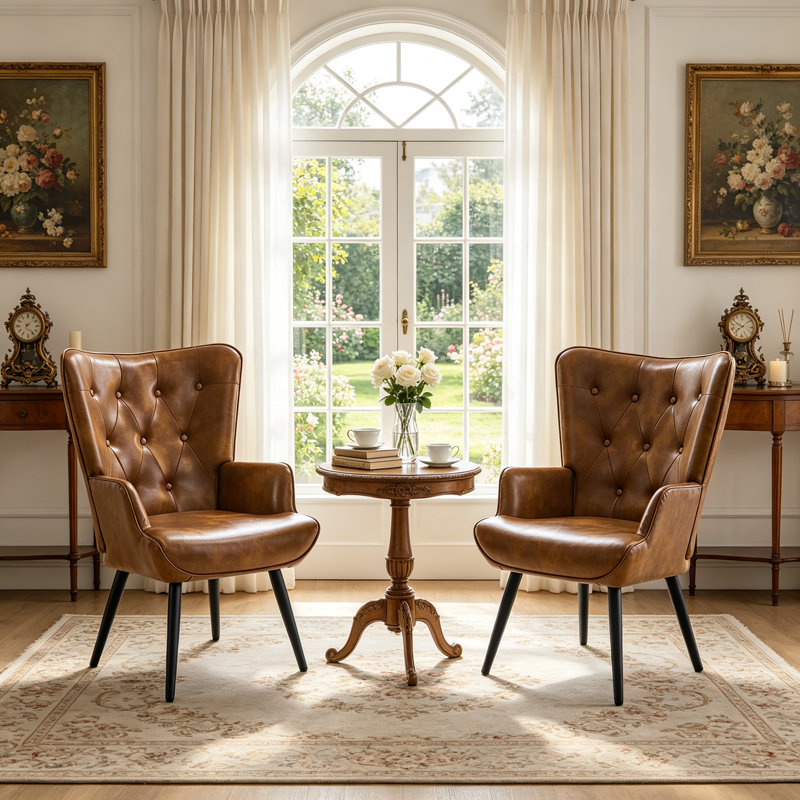 Mid-century Faux Leather Upholstered Tufted Wingback Accent chair for Living Room Brown, Brown