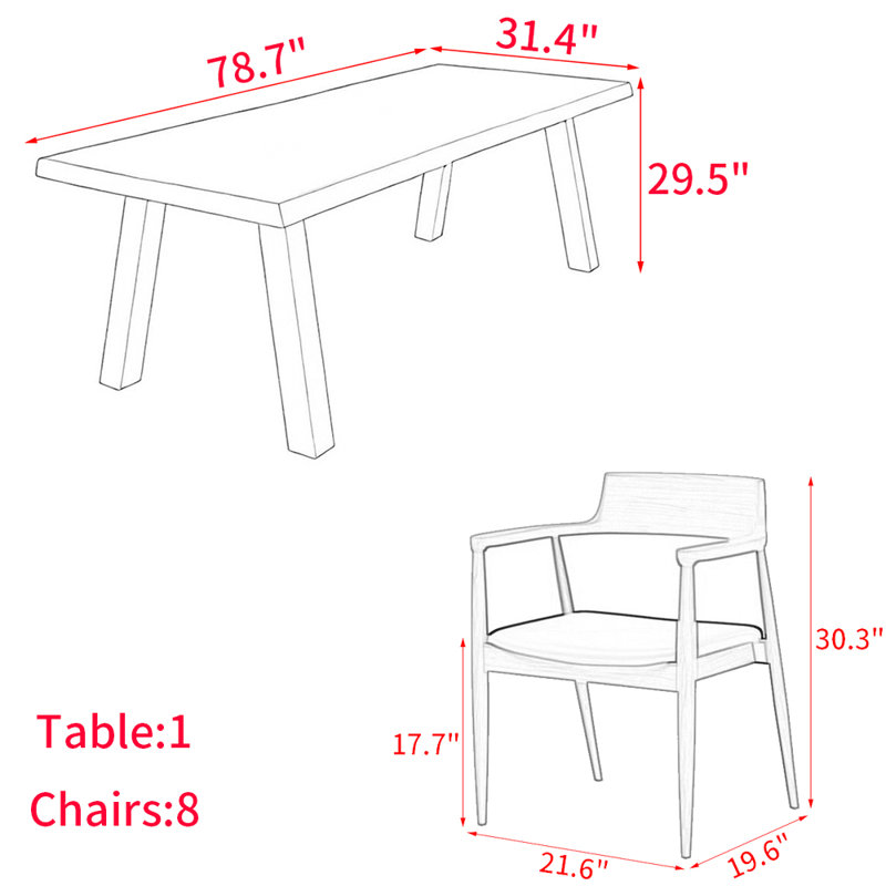 American style solid wood dining table set, 9, 29.5"H x 78.7"L x 31.4"W