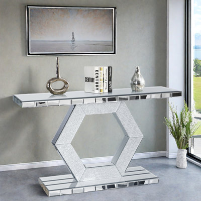 Sparkling Console Table With Diamond Glass Effects And Geometric Hexagon Cutouts