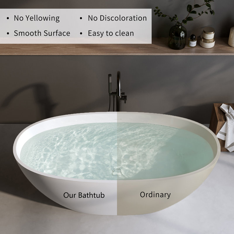 66.9″Solid Surface Matte Tub, Solid Surface Soaking Tub, Stone Resin Freestanding Bathtub, Thick Edge Stand Alone Tubs With Overflow, Pop-Up Drain