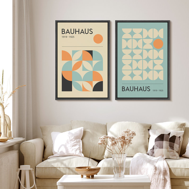 Classical Artwork Geometric Teal Abstract Mid-Century Modern Picture Framed Canvas 2 Pieces Print Wall Art, Black