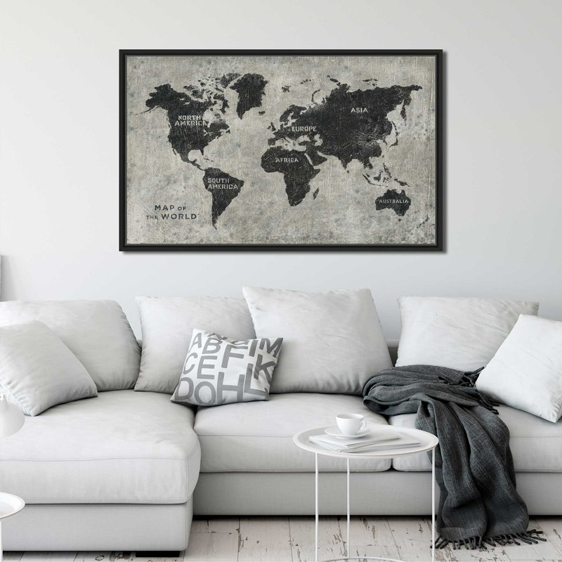 Carte du monde grunge - impression, Cadre flottant noir, H 21,5 po x l 33,5 po x P 2 po