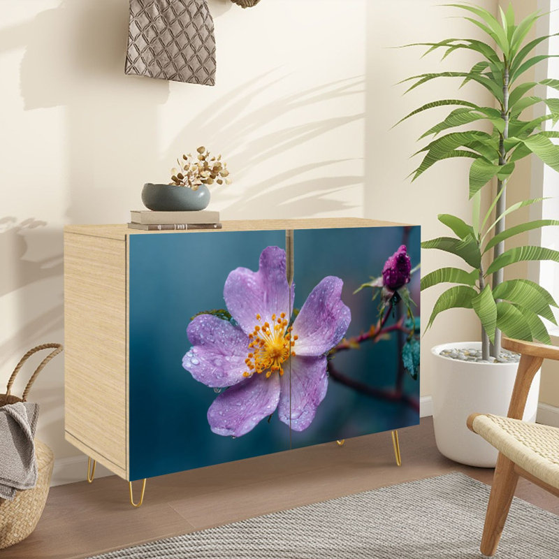 Buffet Buffet avec rangement Fleurs mauves gouttes de rosée Coucher de soleil photographie florale douce avec 2 portes pour le salon et la cuisine