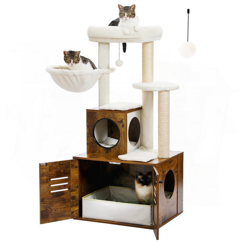 Arbre à chat moderne en bois avec litière pour chat, Brun