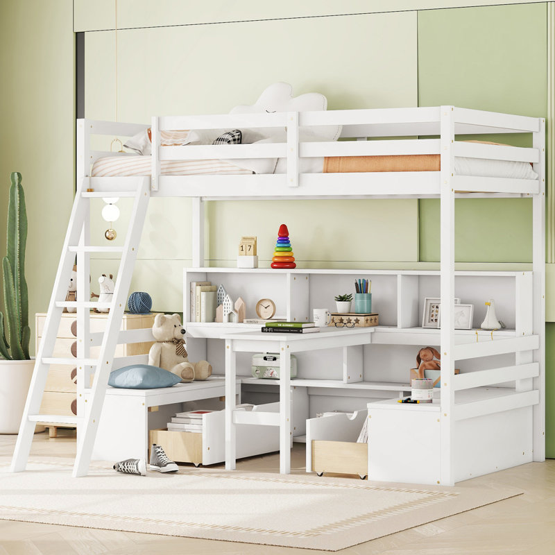 Lit mezzanine simple avec tablettes de rangement, tiroirs, siège et bureau pour couleur blanche
