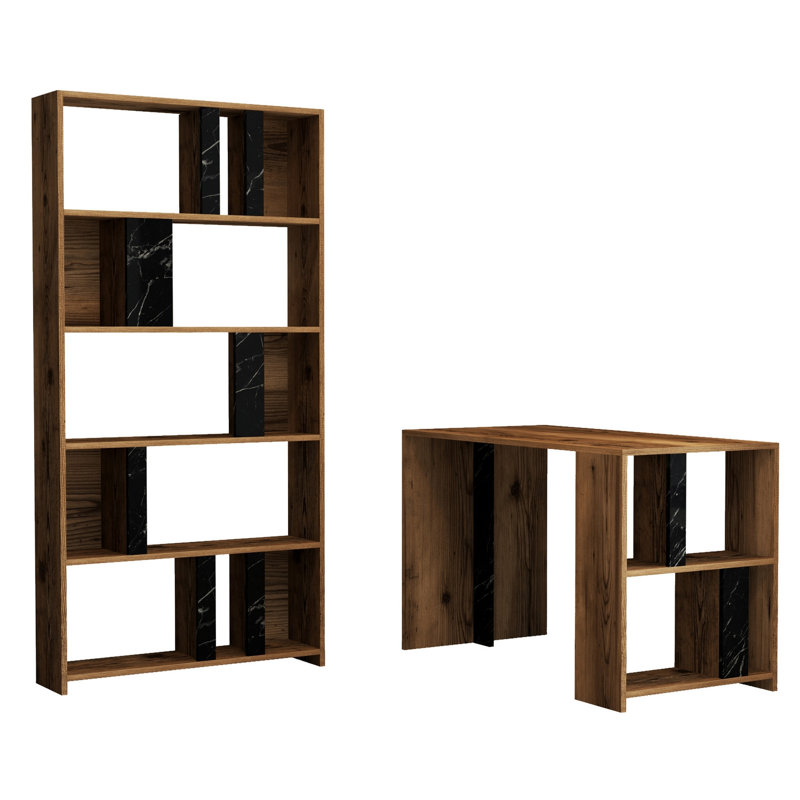 Ensemble de bureau et bibliothèque Modern Study, noyer et noir, bureau: 47,2 po x 29,7 po x 23,6 po, bibliothèque: 35,4 po x 70,9 po x 7,9 po | Panneau de particules enduit de mélamine à 100%, fixation murale, nombreuses tablettes pour un rangement efficace