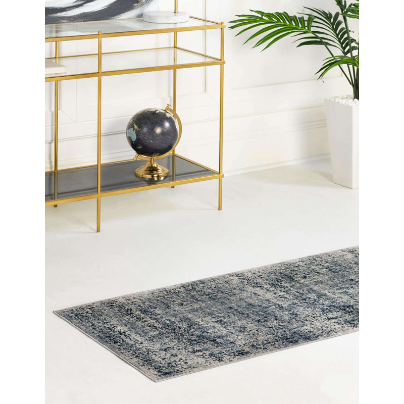 Tapis oriental bleu et gris Lanett, Tapis de couloir 2 pi 2 po x 6 pi 7 po