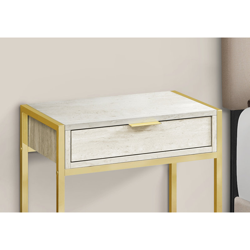 Table d'appoint en marbre beige avec tiroir spacieux et côté élégant en métal avec pieds de rangement dorés