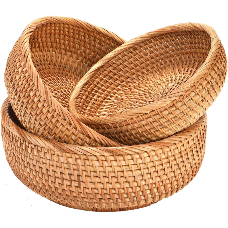 Paquet de 3 paniers à pain ronds en rotin, bols de service en osier tressés à la main pour confiseries, collations, clés, comptoir de cuisine, 3 tailles