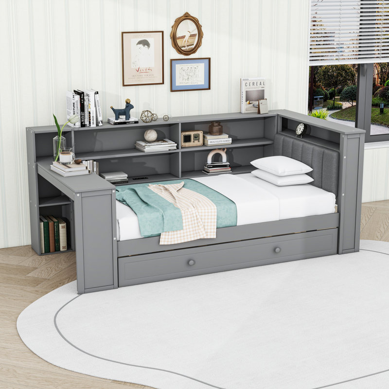 Lit de jour simple Sizw avec tablettes de rangement, lit gigogne simple, lumière DEL, bureau, Lit simple, Gris