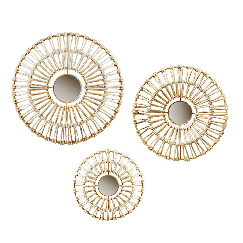 Gold Corn Husk Wrapped Round Decorative Mirror Set