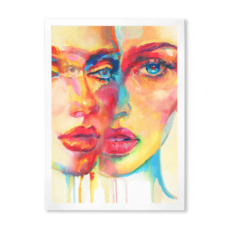 Double portrait expressionniste de deux femmes - œuvre d'art sur toile Glam, Cadre photo blanc, H 34 po x l 44 po x P 1,5 po