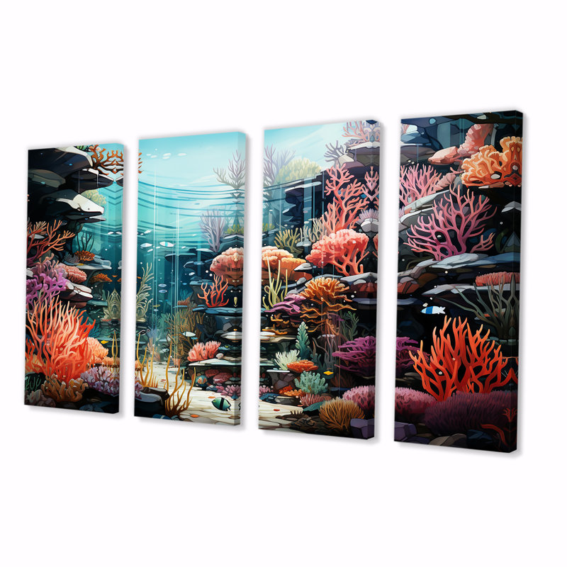 «Life In Coral Reef Paradise II», ensemble de 4 décorations murales tropicales côtières, H 28 po x l 48 po