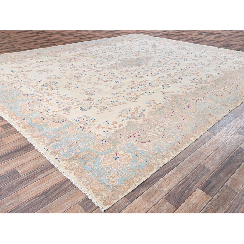 Tapis persan 11 pi 10 po x 14 pi 2 po blanc albâtre rétro, propre et doux, velours complet, 100% laine, noué à la main, côtés et extrémités sécurisés, très grand tapis oriental, très grand