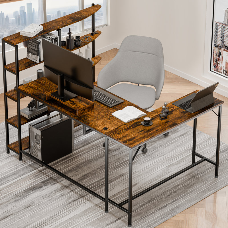 Omalley L-Shaped Computer Desk With 5-tier Shelves, Monitor Stand and Keyboard Tray