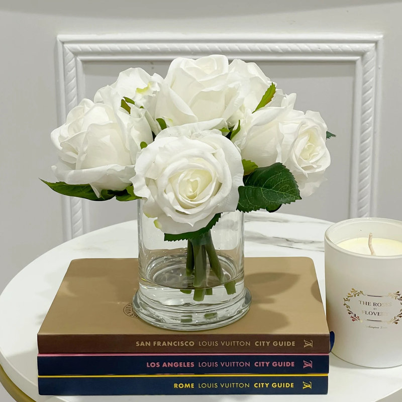 Real Touch Roses Arrangement In Glass Vase, White