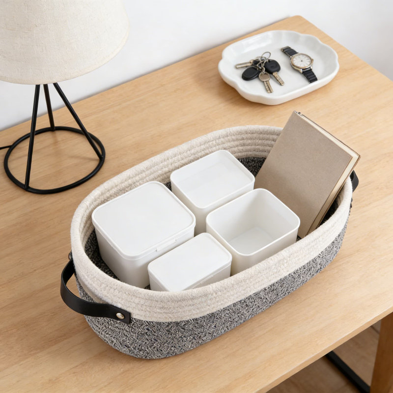 Cotton Rope Woven Storage Basket With Handles, 2-Pack Foldable Decorative Basket For Bathroom, Living Room, And Bedroom Organization