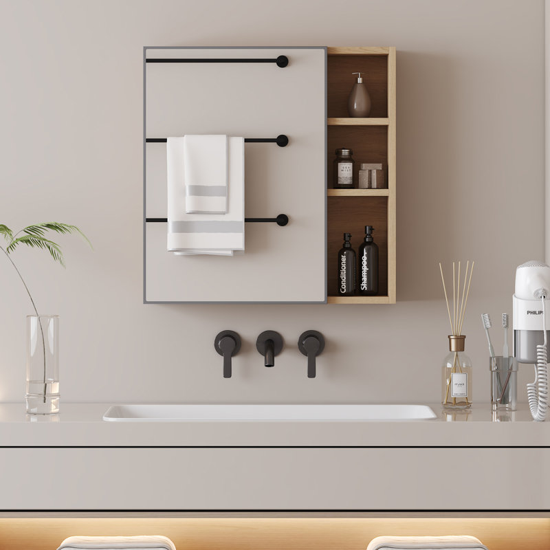 Multi-Function Wood Grain Mirror Cabinet with Storage, Space-Saving Wall-Mounted Design, Brown