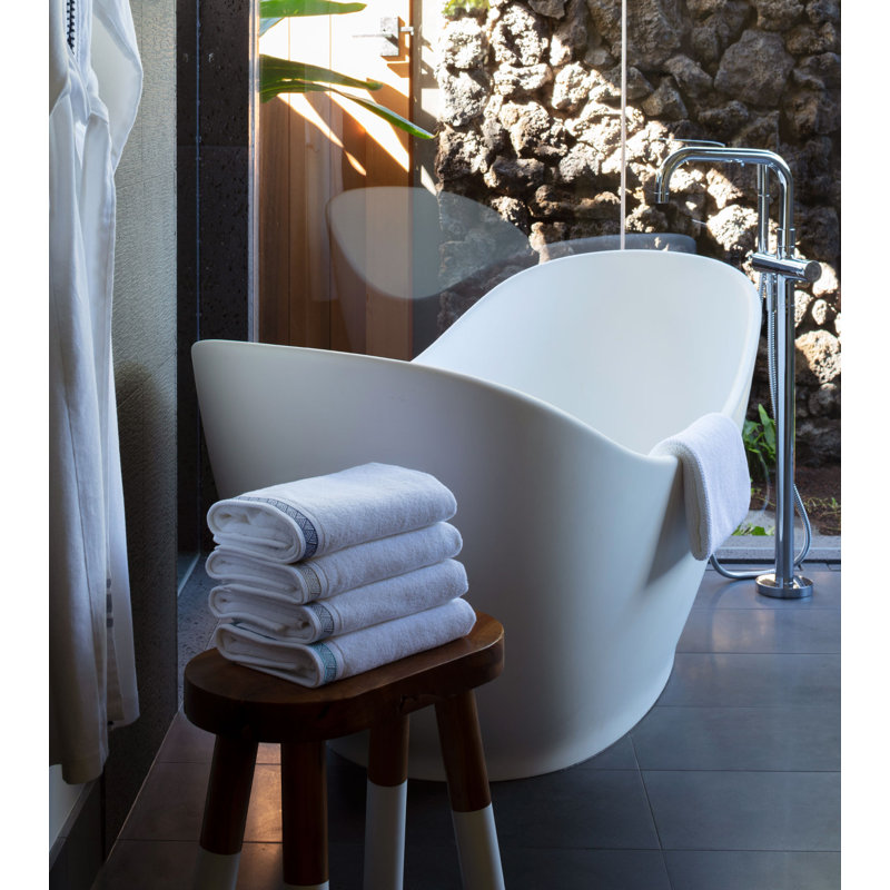 Weave Pure Cotton Hand Towel with Stone Embroidery, White/Blue Ocean