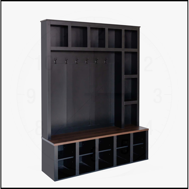 Arbre d'entrée de style ferme en bois avec 6 crochets, banc de rangement pratique en noyer avec tablettes réglables, organisateur de vestibule 4-en-1 pour le salon et le salon