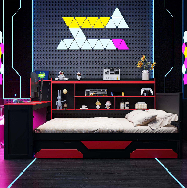 Black and Red Queen Size Gaming Daybed Frame, Modern Wooden Bed with Integrated Desk, Ambient Lights, Built-in Charging Station, Multi-Functional Headboard Bookcase and 3 Underbed Storage Drawers