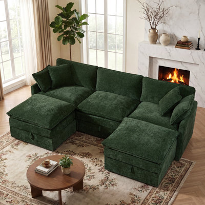 George 103" Modern 5 Seat Upholstered Chenille U Shaped Sectional Sofa with Storage Seats