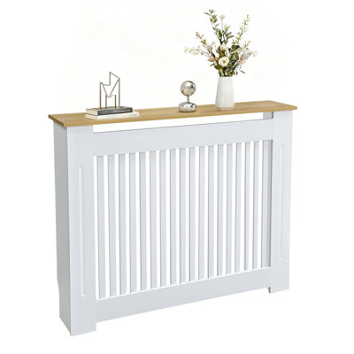 Extra Tall Vertical Slat MDF Radiator Cover with Wood Grain Top, Anti Tipping Fitting and Ventilated Shelf, 92cm High, Multiple Sizes Available for Bedroom Kitchen Hallway