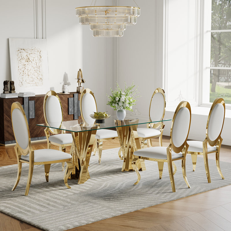 7- Piece Dining Set, Gold, White/Gold