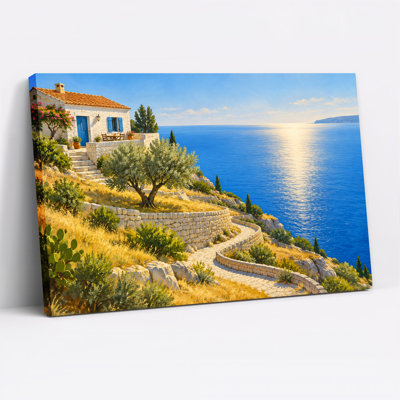 " White Stone House On Hillside Overlooking Blue Ocean " Painting