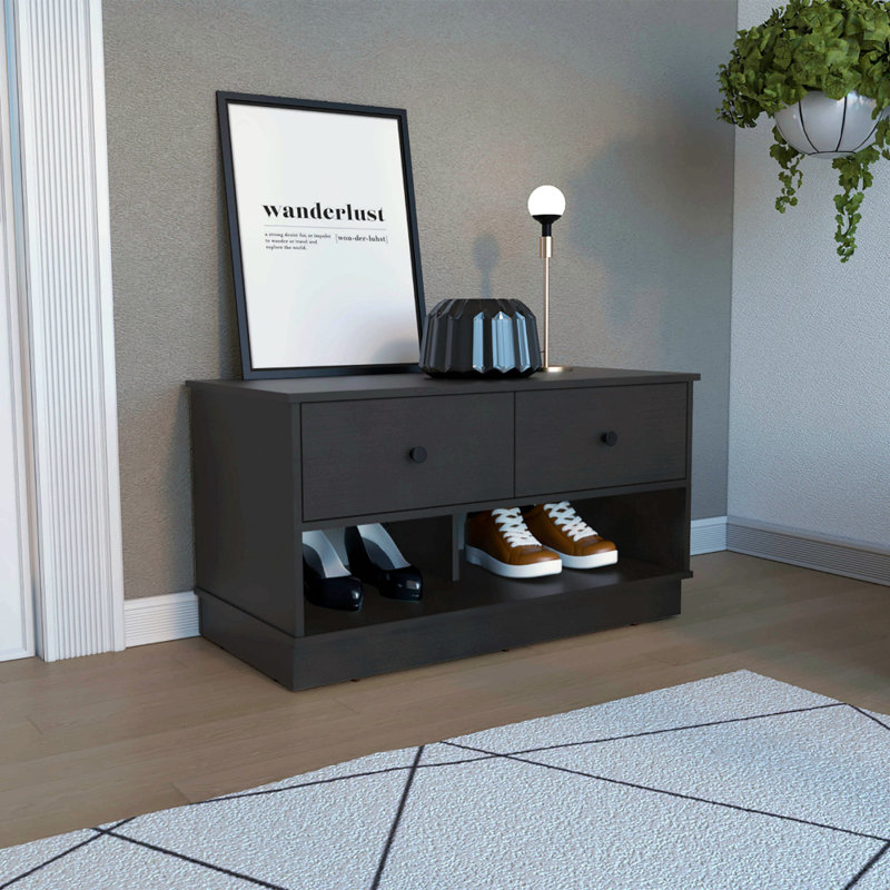 Storage Bench, Two Drawers, Two Open Shelves, Black, Black