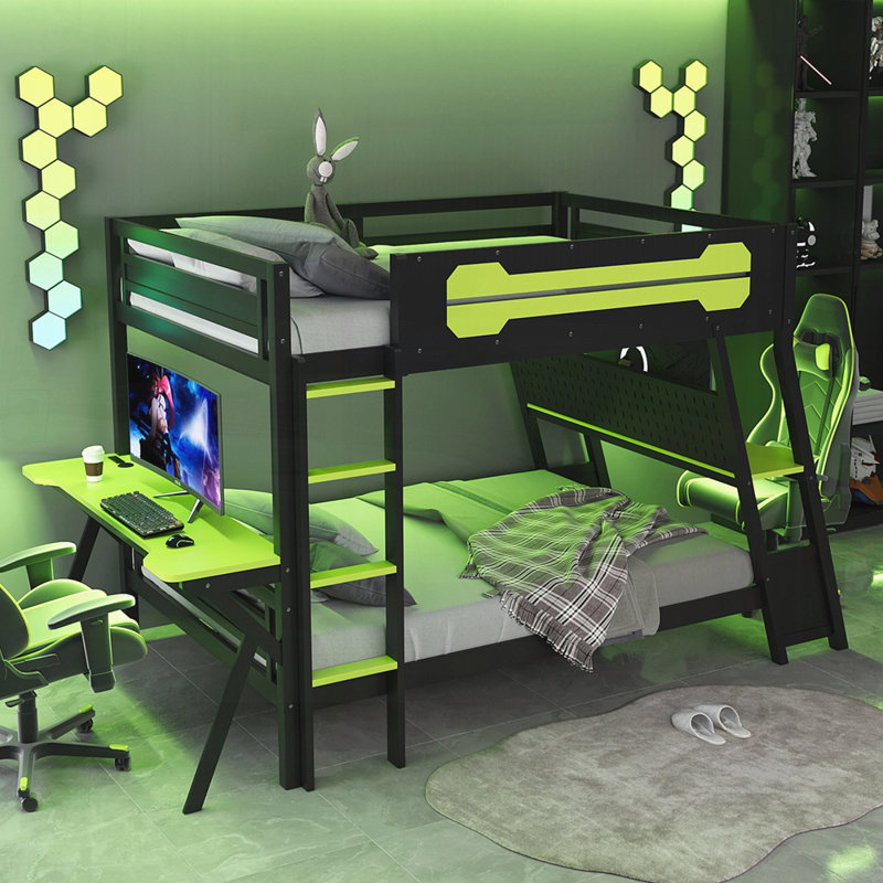 Lit moderne avec deux bureaux de jeu intégrés, ports USB et organisateur de panneau perforé, Double, Vert