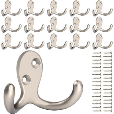 16 Pack Heavy Duty Double Prong Coat Hooks Wall Mounted With 32 Screws Retro Double Hooks Utility Hooks For Coat, Scarf, Bag, Towel, Key, Cap, Cup, Hat(Silvery)