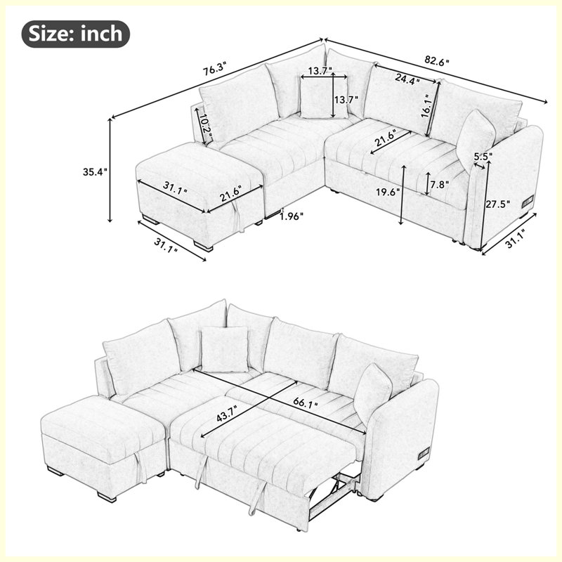 L-shaped Sectional Pull Out Sofa Bed Sleeper Sofa with Two USB Ports, Two Power Sockets and a Movable Storage Ottoman, Grey