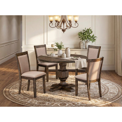 5 Piece Dining Table Set for 4 Includes a Round Kitchen Table with Pedestal and 4 Dark Khaki Linen Fabric Parson Dining Chairs, Distressed Jacobean