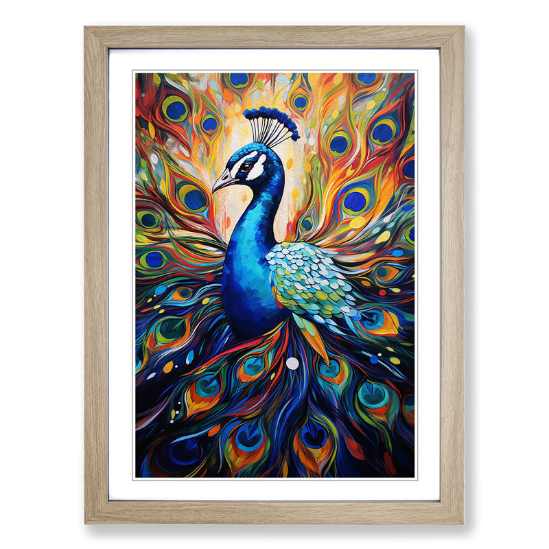 Peacock - Single Picture Frame Print on Wood, Oak Framed, 34cm H x 25cm W