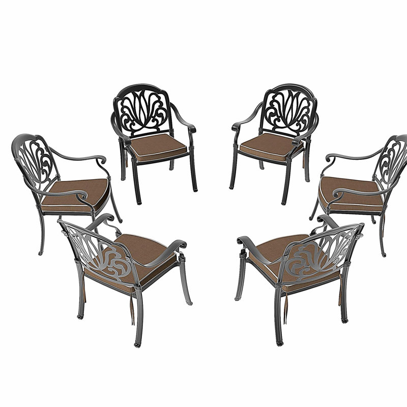 Cast Aluminum Patio Dining Chair 6PCS With Black Frame and Brown Cushions (same as:W1710S00507)