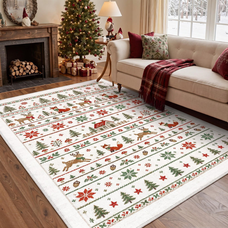 Tapis lavable à poils ras, motif d'animaux de Noël, cerfs et chalet d'hiver, ivoire/vert, pour salle à manger