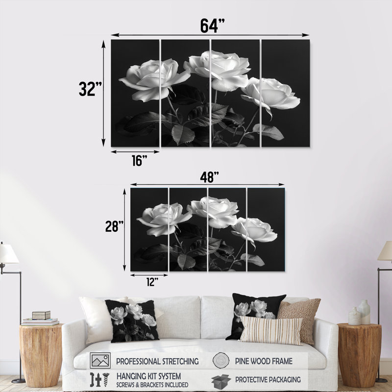 Monochromes noir et blanc roses Bloom III - ensemble de reproductions d'art murales roses, H 32 po x l 64 po