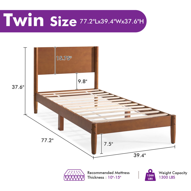 Mid Century Solid Wood Platform Twin Bed Frame With Wood Slat Support, Brown, Twin, Brown