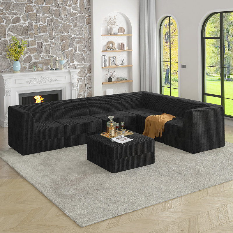 Canapé modulaire en forme de L: canapé en velours côtelé minimaliste et compressé, Noir