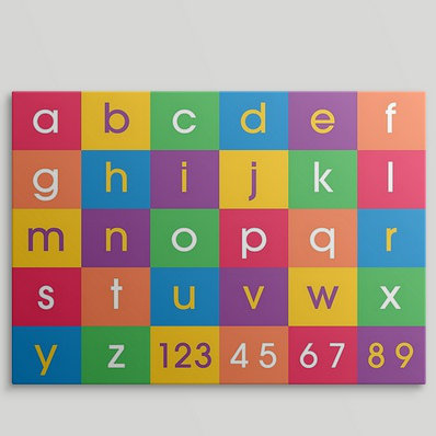 «Alphabet» par Justin, art textuel, H 18 po x l 24 po x P 1,25 po, Toile