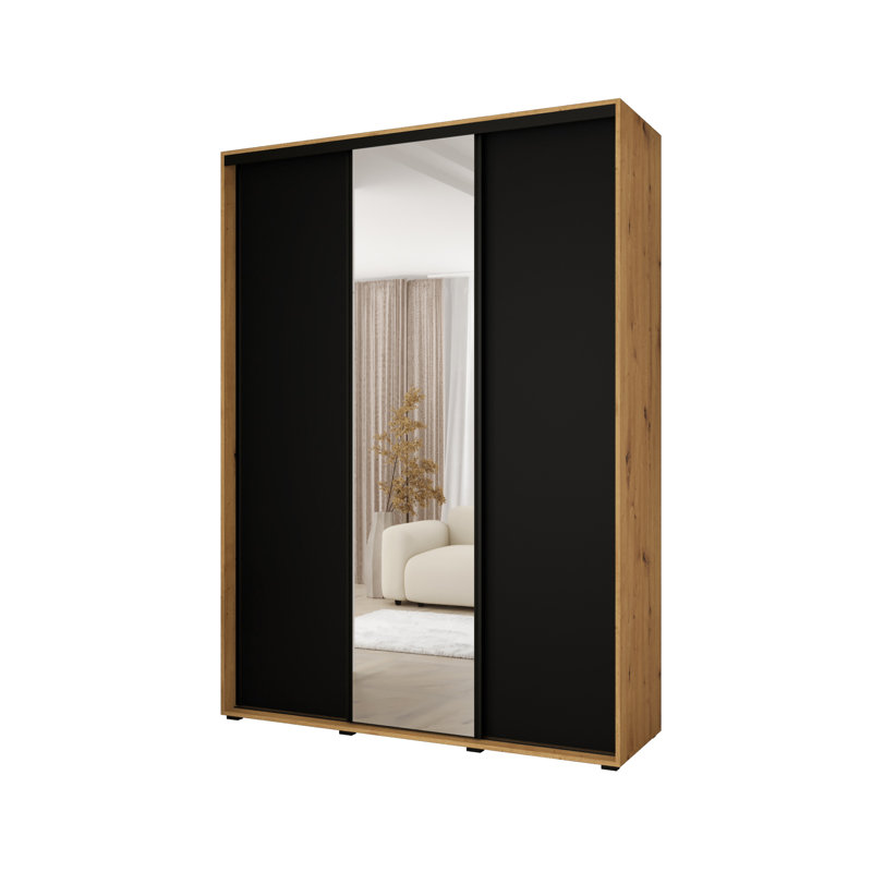 3 Door Manufactured Wood Wardrobe, Black/Natural, 235.2cm H x 180cm W x 45cm D