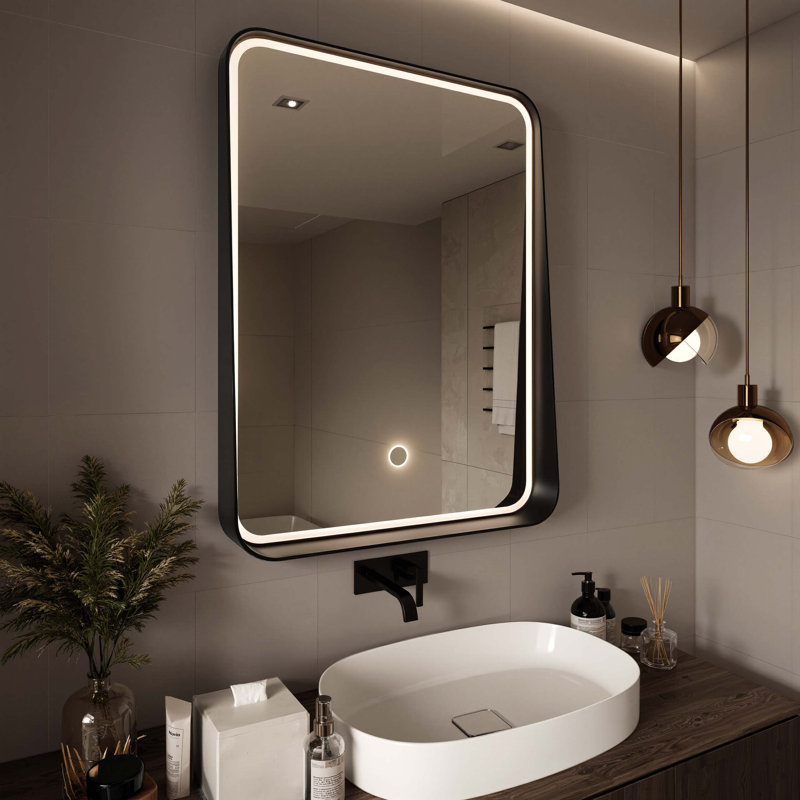 Miroir de salle de bain à cadre noir mat à DEL, fonction mémoire, 3 températures de couleur de la lumière, verre trempé anti-buée